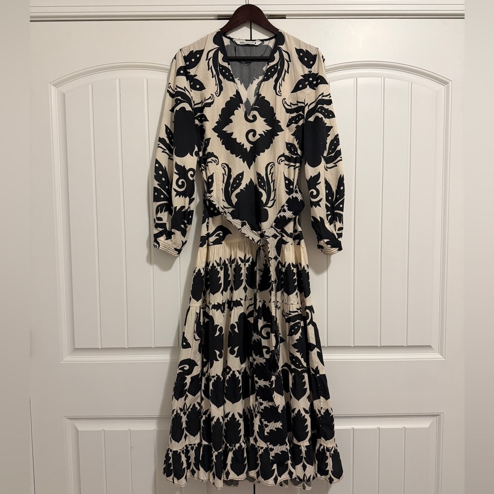 Zara Belted Printed Maxi Dress with Flounce Hem